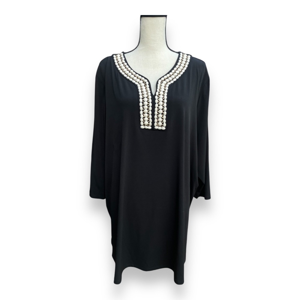 Peter Nygard Tunic Women's Size 2X Black Long‎ Sleeve V-Neck Beaded